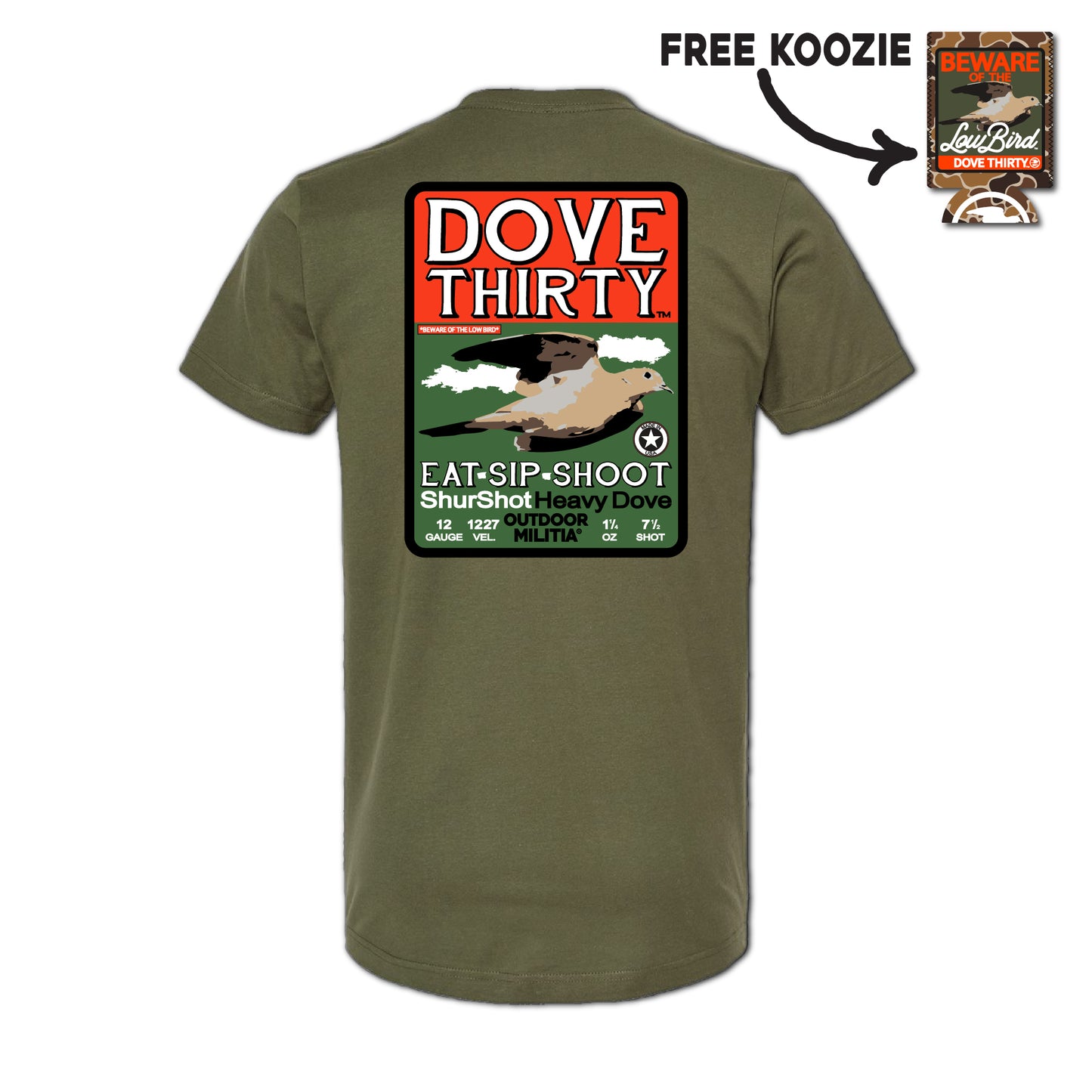 Olive green t-shirt with 'Dove Thirty' graphic on the back, featuring a free koozie offer.